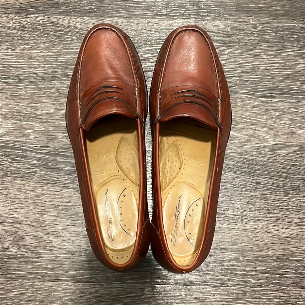 Santoni Brown Leather Slip-On Loafers